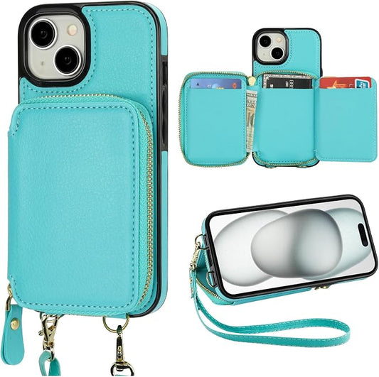 Bocasal RFID Blocking Wallet Case for iPhone 15, Adjustable Crossbody Zipper Purse Case Card Holder with Kickstand Detachable Wrist Strap, PU Leather Flip Folio Case 6.1 Inch 5G (Mint Green)