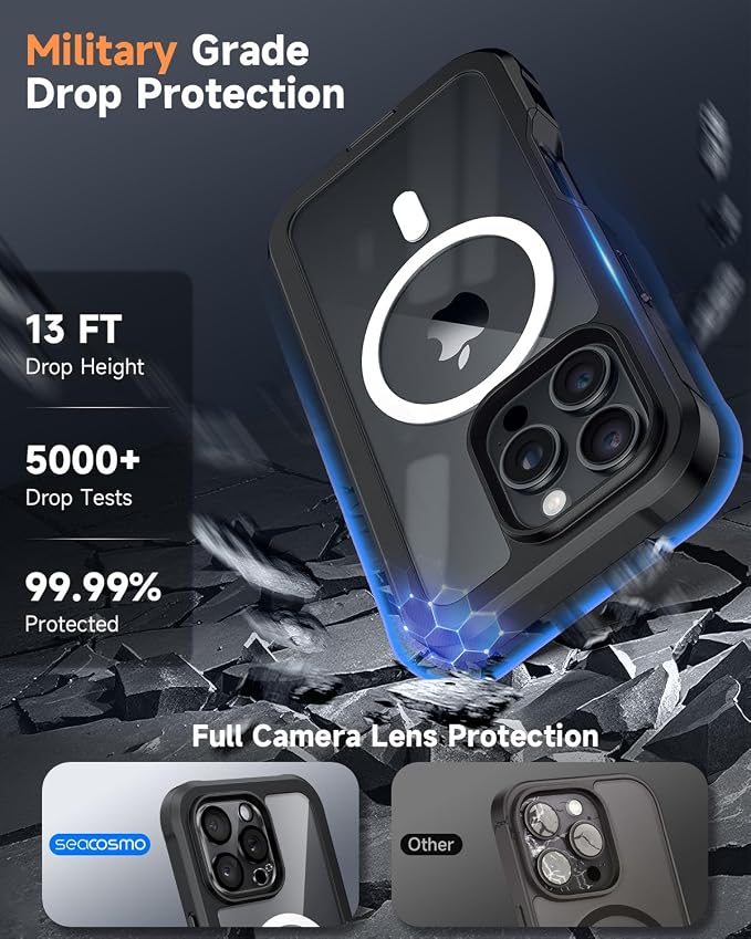seacosmo for iPhone 16 Pro Max Case, Full Body Bumper with Built-in 9H Tempered Glass Screen and Camera Lens Protector, Compatible with MagSafe, Shockproof 16 Pro Max Phone Case, 6.9", Black