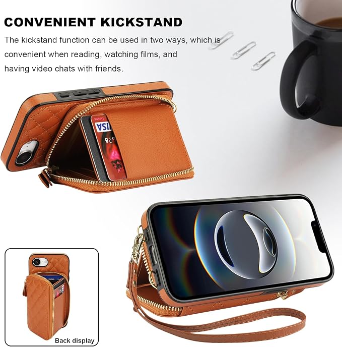 Bocasal Crossbody Wallet Case for iPhone 17e/16e, RFID Blocking PU Leather Zipper Handbag Purse Flip Cover, Kickstand Folio Case with Card Slots Holder Wrist Strap Lanyard 6.1 Inch 5G (Brown)