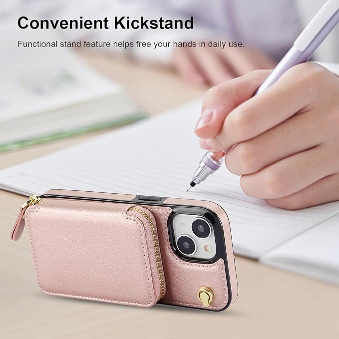 Bocasal Crossbody Wallet Case for iPhone 15, RFID Blocking Leather Purse Case with Card Holder, Protective Handbag Flip Cover with Zipper Wrist Strap Lanyard for Women 5G 6.1 Inch (Rose Gold)