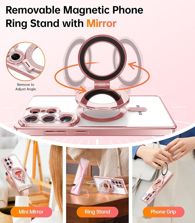 Meifigno Magnetic Case with Removable Phone Ring Stand for Samsung Galaxy S25 Ultra, [Glitter Card & Wrist Strap] [MagSafe Compatible] [Built in Mirror] Phone Ring Stand + Phone Case Kit, Rose Gold