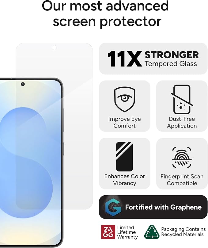 ZAGG Glass XTR4 Samsung Galaxy S25/ S24 Screen Protector - Tempered Glass, 11X Stronger with Graphene, Blue Light Filtering, Anti-Reflective Technology, InvisibleShield, Easy Dust-Free Installation