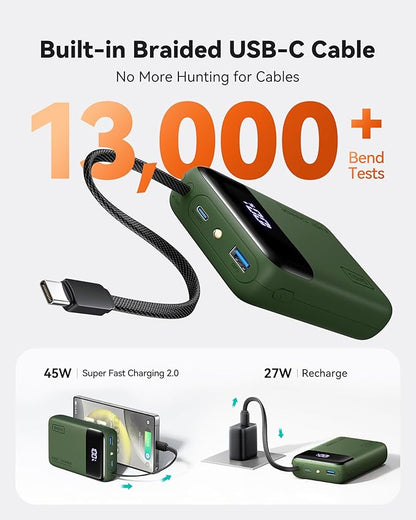 INIU 45W Portable Charger, Smallest 20000mAh Power Bank with Build in USB-C Cable, Fast Charging USB C in&Out Battery Pack, Travel Phone Charger for iPhone 17 16 15 Air Samsung S25 S24 Google, Green