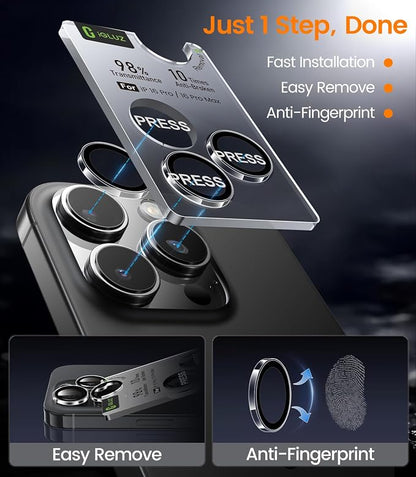 iGluz 2 Pack Anti-Reflection Camera Lens Protector for iPhone 16 Pro/iPhone 16 Pro Max [98% Transmittance][1-Step Installation Tray][Strong Adsorption] 9H Shatterproof Tempered Glass-Transparent