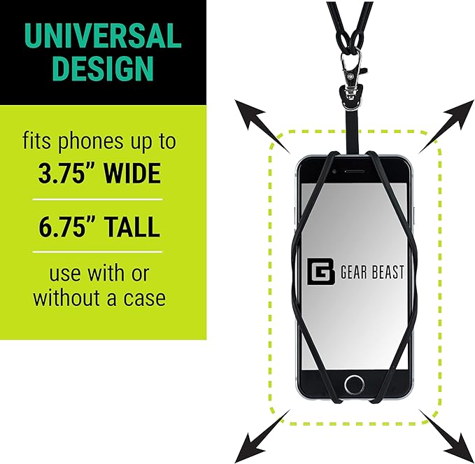 Gear Beast Cell Phone Lanyard - Universal Neck Phone Holder w/Card Pocket and Silicone Neck Strap (Black)