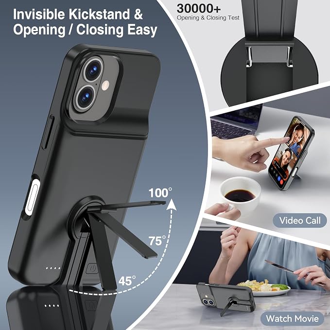 BOPPS Battery Case for iPhone 16 Plus with Stand【Support Carplay】 Slim 8500mAh Portable Rechargeable Strong Protective Extended Charger Cover for iPhone 16 Plus Charging Case-6.7inch Black