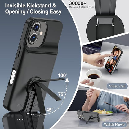 BOPPS Battery Case for iPhone 16 Plus with Stand【Support Carplay】 Slim 8500mAh Portable Rechargeable Strong Protective Extended Charger Cover for iPhone 16 Plus Charging Case-6.7inch Black