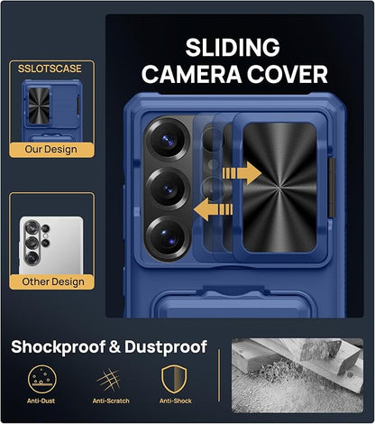 SSLOTSCASE for Samsung Galaxy S25 Ultra Case with Stand & Credit Card Holder & Sliding Camera Cover, Full-Body Drop Proof TPU Soft Silicone Edge Protective Case Cover for Galaxy S25 Ultra 6.9‘’, Blue