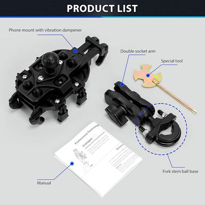 ELVANO Motorcycle Phone Mount Holder: Anti-Shake Phone Holder with Vibration Dampener for 4.7-7.2" Smartphone, Heavy Duty Adjustable Cellphone Clip Fits 0.6-1.3" Handlebar for Bike Bicycle Scooter ATV