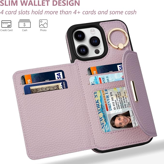 Keallce Wallet Case for iPhone 14 Pro Max 6.7'', Flip Case with Card Slots, Ring Holder Kickstand, PU Leather Protective Folio Cover for Women, Pink