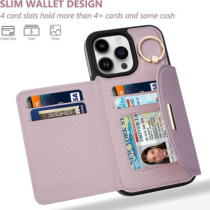 Keallce Wallet Case for iPhone 14 Pro Max 6.7'', Flip Case with Card Slots, Ring Holder Kickstand, PU Leather Protective Folio Cover for Women, Pink