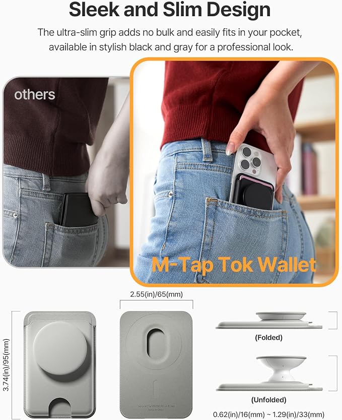 Sinjimoru for MagSafe Phone Grip, Compatible with MagSafe Wallet, Soft Magnetic Finger Grip, with 3 Card Holder for iPhone, M-Tap Tok Wallet Grey