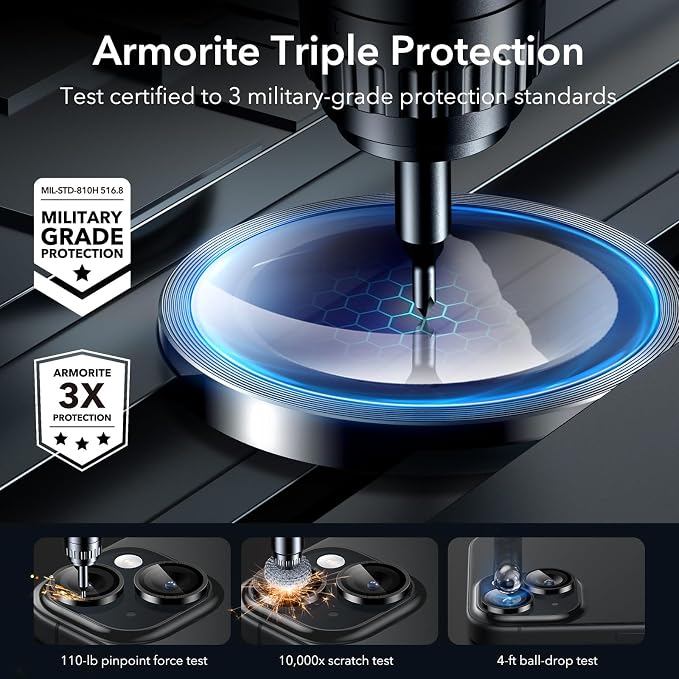 ESR 2 Pack Camera Lens Protector for iPhone 15/15 Plus/14/14 Plus, Ultra-tough HD Individual Lens Protectors, Scratch Resistant, Ultra-thin Tempered Glass, Armorite Series, Black