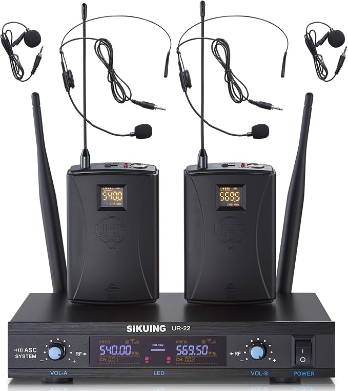 Dual Channel UHF Wireless Microphone System, 2x30 Adjustable Frequencies, Lavalier & Headset Microphone System for Meeting, Church, 300ft Range (2 Bodypack)