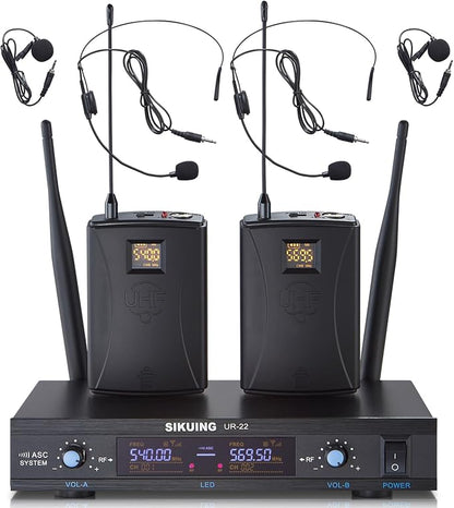 Dual Channel UHF Wireless Microphone System, 2x30 Adjustable Frequencies, Lavalier & Headset Microphone System for Meeting, Church, 300ft Range (2 Bodypack)