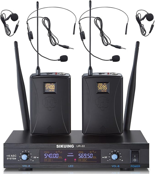 Dual Channel UHF Wireless Microphone System, 2x30 Adjustable Frequencies, Lavalier & Headset Microphone System for Meeting, Church, 300ft Range (2 Bodypack)
