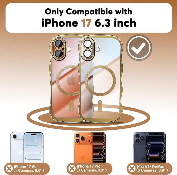 Misscase for iPhone 17 Case with Privacy Screen Protector,Compatible with MagSafe,Cute Wave Frame Anti-Scratch Case with Camera Lens Protector Plating Bling Case for iPhone 17 6.3" Women Gold