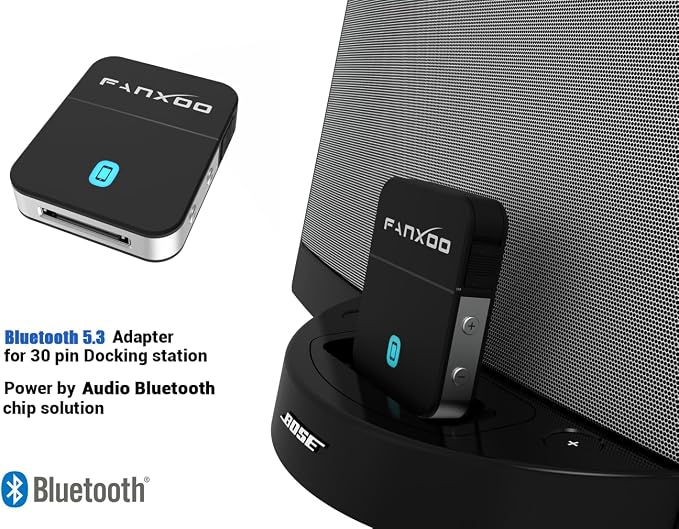 Fanxoo DockPro 30 pin Bluetooth 5.3 Adapter for Bose Sounddock 30 pin to Lightning Bluetooth Adapter Compatible for iPhone iPod Docking Station