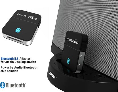 Fanxoo DockPro 30 pin Bluetooth 5.3 Adapter for Bose Sounddock 30 pin to Lightning Bluetooth Adapter Compatible for iPhone iPod Docking Station