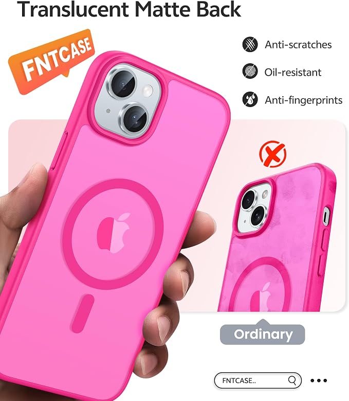 FNTCASE for iPhone 15 Case: for iPhone 14 Case & iPhone 13 Case [Compatible with Magsafe] Translucent Matte Cases with [Screen Protector] Military Grade Shockproof Protective Phone Cover - Hot Pink