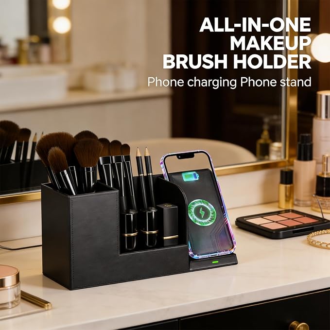 LADSTAG Makeup Brush Holder Organizer, Leather Makeup Brush Cup with Phone Charging Stand for Cosmetics, Nail Polish, Lipstick & Art Supplies – Vanity Desktop Bathroom Organizer