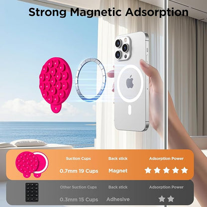 Magnetic Suction Cup Phone Mount, Compatible with MagSafe, Silicone Octo Cup Buddy Sticky Grip Holder for iPhone and Android, Removable Hands-Free Phone Stand Selfie/Video for TikTok, Neon Pink