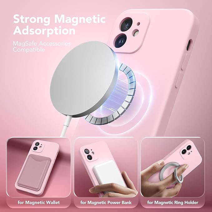 Magnetic for iPhone 12 Case, Compatible with MagSafe, [Full Camera Protection][Screen Protector] Silicone Shockproof Protective Phone Case for iPhone 12 6.1", Chalk Pink