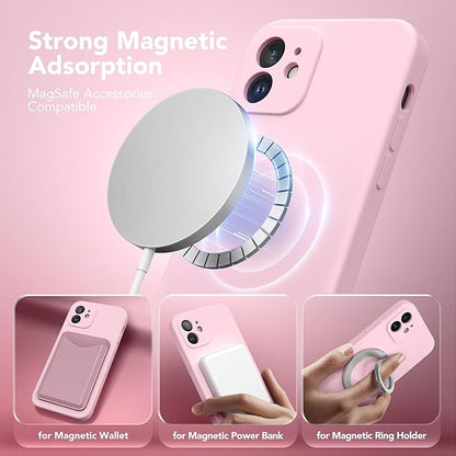 Magnetic for iPhone 12 Case, Compatible with MagSafe, [Full Camera Protection][Screen Protector] Silicone Shockproof Protective Phone Case for iPhone 12 6.1", Chalk Pink