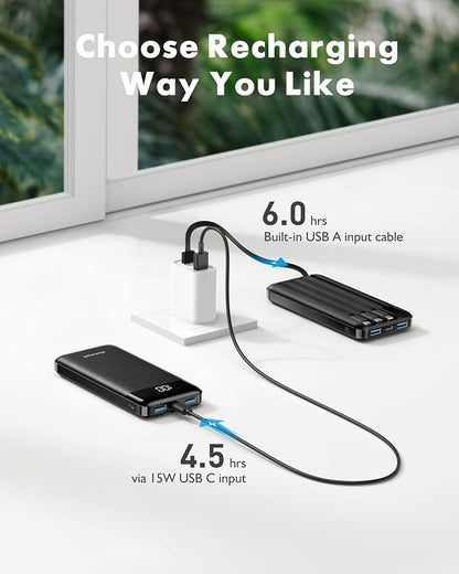 charmast 2 Pack 10000mAh Portable Charger, Power Bank with Built-in 4 Cables, 6 Outputs & 3 Inputs, Battery Pack with Digital Display, Travel Essential for iPhone All Series & Android, Family Sharing