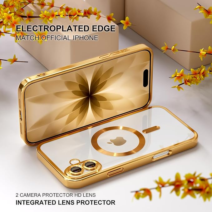 Misea Magnetic for iPhone 17 Case Compatible with MagSafe [Never Yellowing] [Military Grade Drop Protection] Full Camera Lens Protector Plating Soft Clear Phone Case for Women, Gold