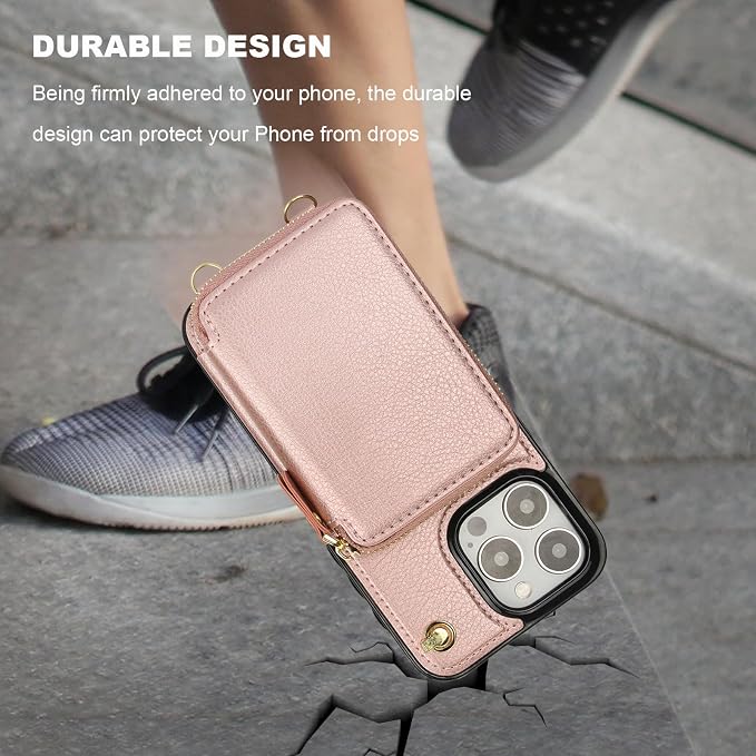 Bocasal for MagSafe Crossbody Wallet Case Compatible with iPhone 15 Pro Max, RFID Blocking Protective Purse Case with Card Slots Holder Kickstand Wrist Strap Lanyard Zipper 6.7 Inch 5G (Rose Gold)