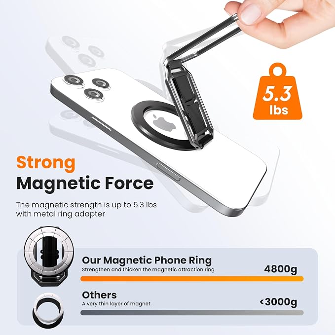 Magnetic Phone Grip & Stand for Desk, Bed & On-the-Go – Compatible with MagSafe – Secure One-Hand Hold, Comfortable Scrolling, Hands-Free Video Calls (Black)