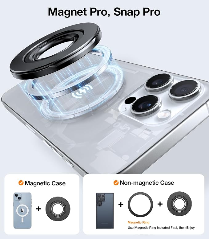 TORRAS Upgrade Gen2.0 (Dual-Ring) Fit for MagSafe Phone Grip Ring Holder, Kickstand Magnetic, Compatible with MagSafe Accessories for iPhone 16/15/14/13/12/11 Samsung, Google, Android, Matte Black