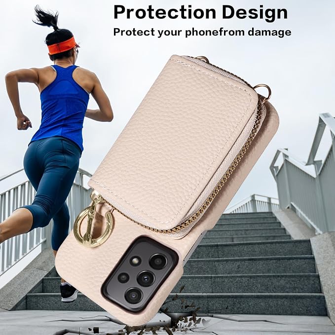 Wallet Case for Samsung Galaxy A73 5G with Shoulder Strap Ring Buckle, Luxury PU Leather Zipper Flip Organ Purse, Credit Card Holder Stand Full Body Cell Phone Cover for A 73 Women Men White
