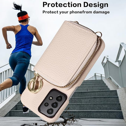 Wallet Case for Samsung Galaxy A53 5G with Shoulder Strap Ring Buckle, PU Leather Zipper Flip Organ Purse, Card Holder Stand Full Body Cell Phone Cover for A 53 G5 53A SM A536U 6.5" 2022 White