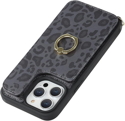 Lipvina for iPhone 13 Pro Case with Card Holder and Strap for Women,Crossbody Lanyard,RFID Blocking,Kickstand Ring Stand,Snap Clasp,Cute Phone Wallet Cases 6.1 inch(Black Leopard)