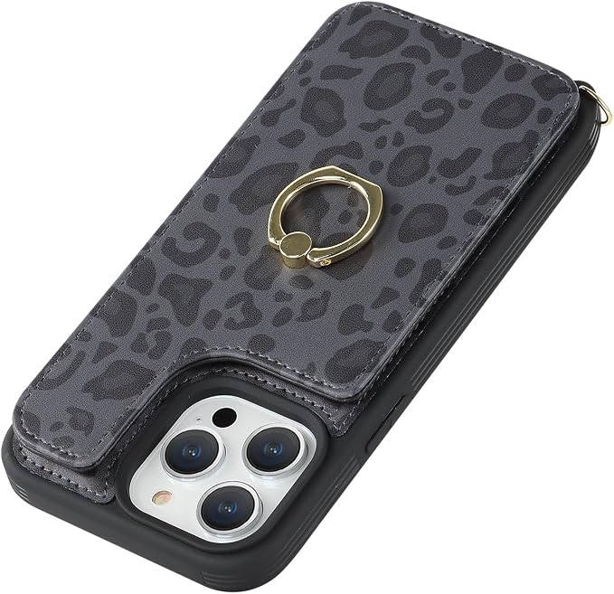 Lipvina for iPhone 14 Pro Max Case with Card Holder for Women,Phone Case with Strap,Crossbody Lanyard,RFID Blocking,Ring Stand,Snap Clasp,Cute Wallet Cases 6.7"(Black Leopard)