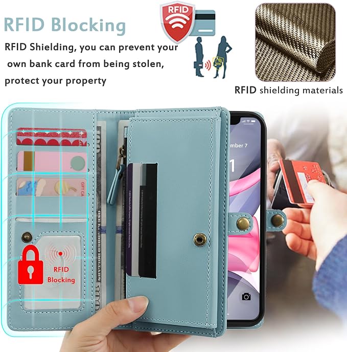 for Wallet Case Compatible with iPhone 11,Multi-Function Detachable 2 in 1 Magnetic iPhone 11 Case Wallet,Flip Strap Zipper Card Holder Phone Case with Shoulder Straps (Blue)