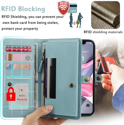 for Wallet Case Compatible with iPhone 11,Multi-Function Detachable 2 in 1 Magnetic iPhone 11 Case Wallet,Flip Strap Zipper Card Holder Phone Case with Shoulder Straps (Blue)