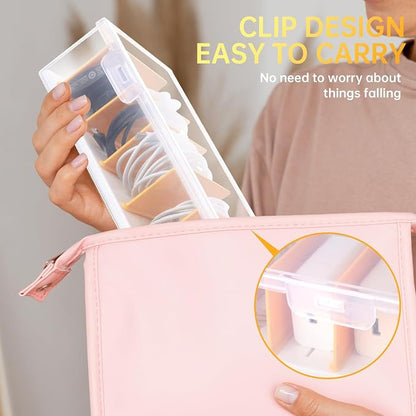 PAVSTINE Clear Cable Organizer Box with Lid and Adjustable Dividers | Customizable Compartments, Stackable for Space Saving, Fits Chargers, Cords & Accessories, Compact for Desk or Drawer