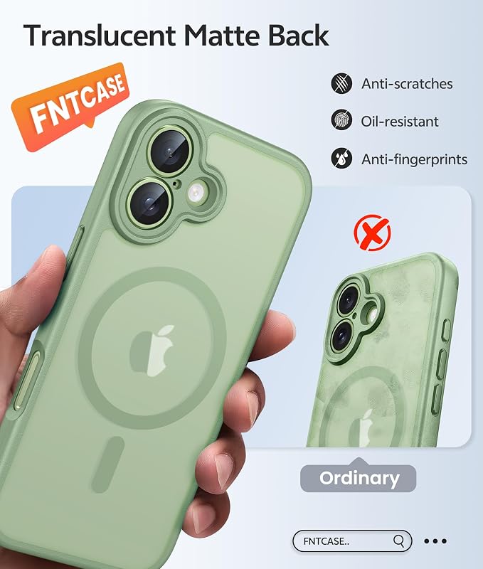FNTCASE for iPhone 17 Case: [Compatible with Magsafe] Translucent Matte Cases with [Full Camera Protection] [Screen Protector] Military Grade Shockproof Protective Phone Cover - Light Moss
