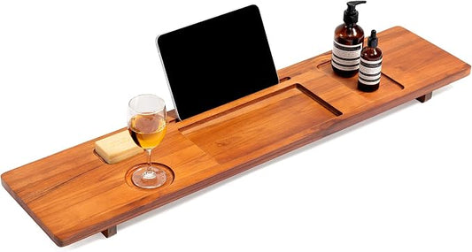 Teak Bathtub Tray for Freestanding Bath - 39" Large, Thick & Adjustable Spa Caddy | Anti-Tip Design with Accessories Holder | Water-Resistant