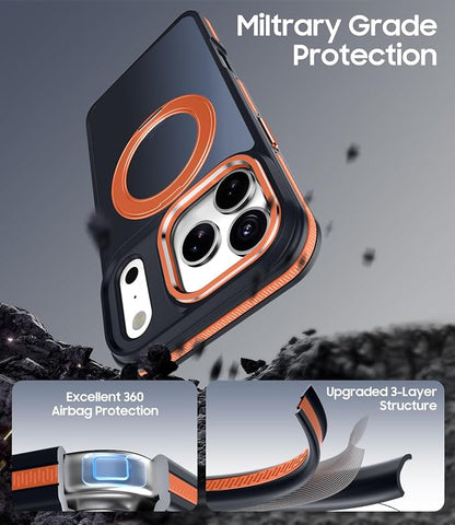 for iPhone 17 Pro Case with 360° Spin Magnetic Stand, Fits MagSafe, Military-Grade Shockproof Protection, Non-Slip Translucent Matte Slim Ring Holder Phone Cover for iPhone 17 Pro 6.3", Orange
