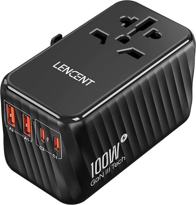 LENCENT Universal Travel Adapter, 100W GaN International Fast Charger | with 2 PD3.0 Type C+2 USB A, Worldwide Power Adaptor for Phones,Laptops, All in One Travel Essentials for EU/USA/UK/AU, Black