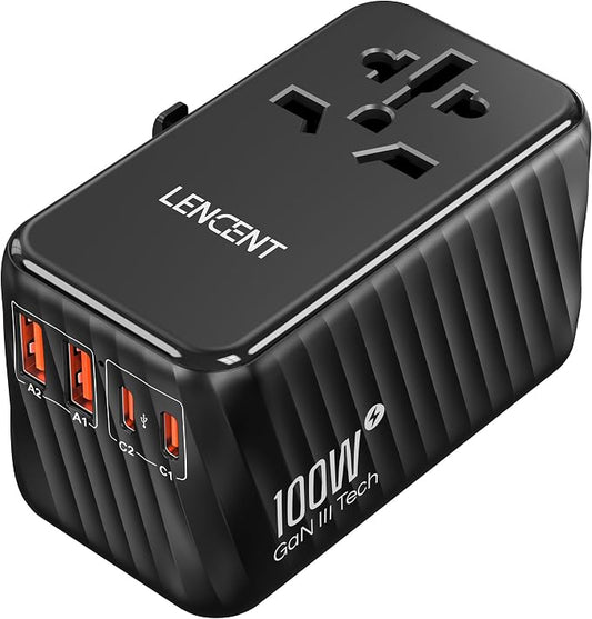 LENCENT Universal Travel Adapter, 100W GaN International Fast Charger | with 2 PD3.0 Type C+2 USB A, Worldwide Power Adaptor for Phones,Laptops, All in One Travel Essentials for EU/USA/UK/AU, Black