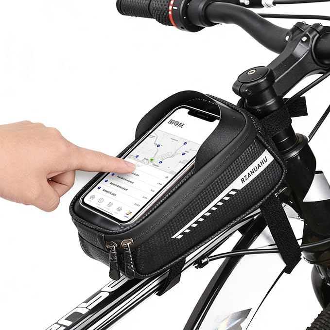 Bike/Bicycle Phone Holder Bag, Bicycle Front Frame Bag, Waterproof Tube Bag, Bike Accessories, Cycling Pouch with TPU Touch-Screen& Sun-Visor Compatible Phone Under 6.5” (Black)