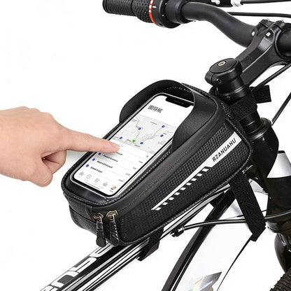 Bike/Bicycle Phone Holder Bag, Bicycle Front Frame Bag, Waterproof Tube Bag, Bike Accessories, Cycling Pouch with TPU Touch-Screen& Sun-Visor Compatible Phone Under 6.5” (Black)