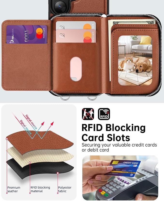 OCASE Compatible with Samsung Galaxy S26 Ultra Crossbody Wallet Case with Card Holder, PU Leather Zipper Handbag Phone Purse with RFID Blocking Kickstand Wrist Strap Lanyard, Brown
