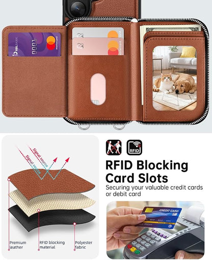 OCASE Compatible with Samsung Galaxy S26 Ultra Crossbody Wallet Case with Card Holder, PU Leather Zipper Handbag Phone Purse with RFID Blocking Kickstand Wrist Strap Lanyard, Brown