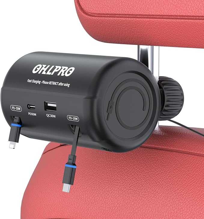 OHLPRO Car Back Seat Charger with Retractable Cables, Headrest Mount Phone Tablet Charger with USB-C PD30W & iOS PD20W Wires, 4-Port Adapter for Taxi Rideshare, with Cigarette Lighter Plug